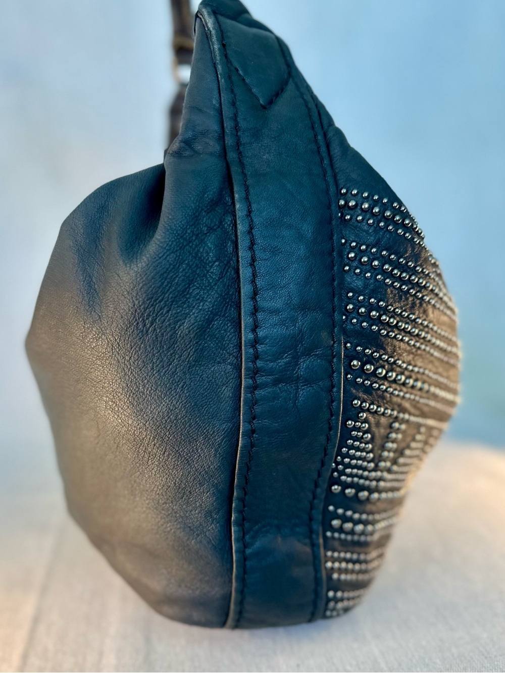 Liebeskind Berlin Black Leather Studded Hobo Bag Slouchy Shoulder Tote Moto - Picture 6 of 10
